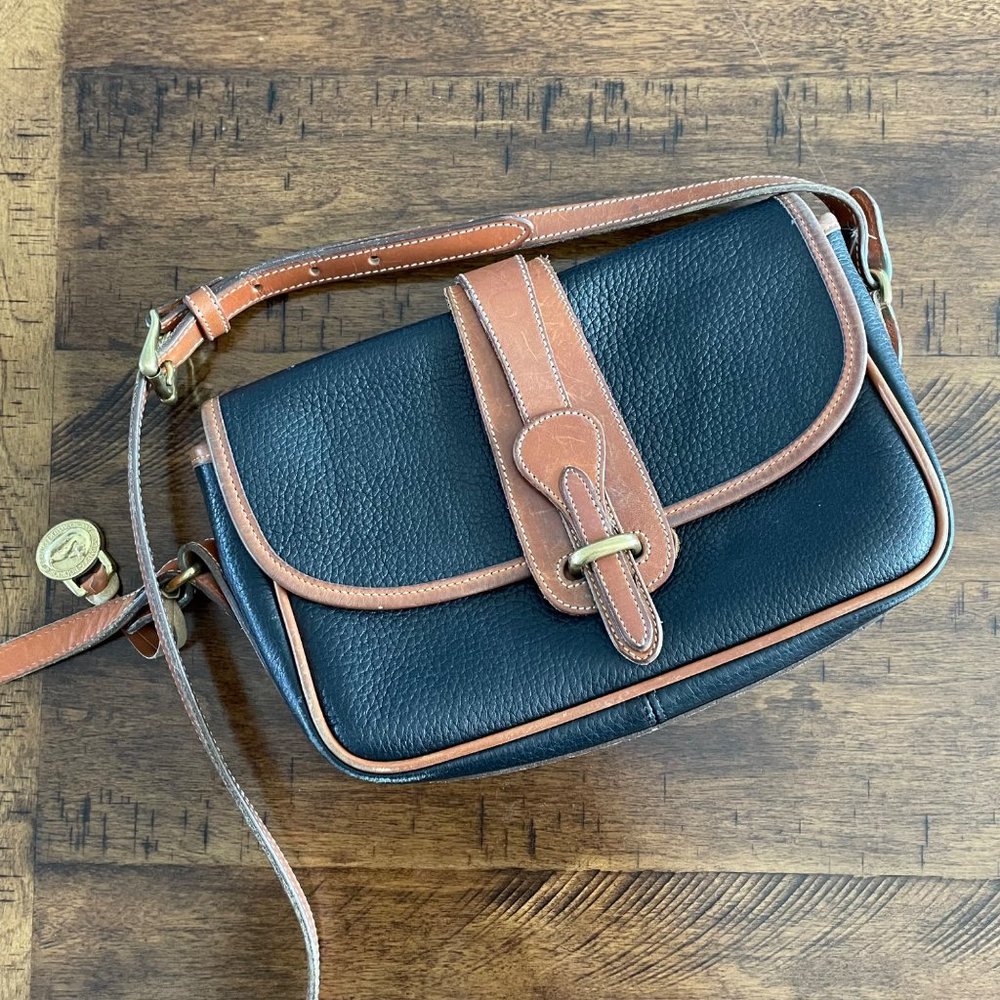 Dooney and Bourke Vintage Flap Black Brown Leather Adjustable Crossbody Bag
